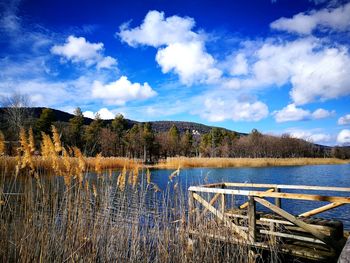 Scenic view of lake and mountains against sky