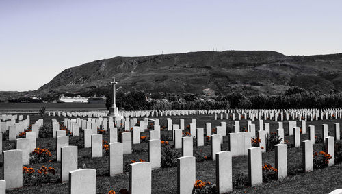 Panoramic view of cemetery against clear sky