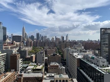 High angle view of buildings in city against sky