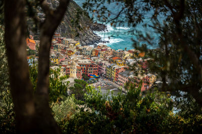 High angle view of small buildings in town