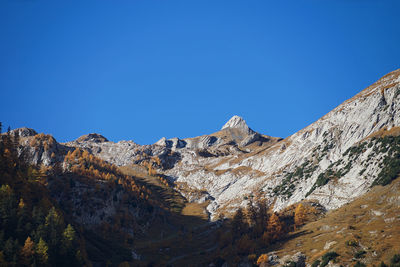 Scenic view of mountains against clear blue sky