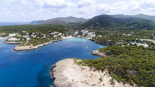 High angle view of bay against sky