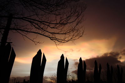 Silhouette of bare trees against sky at sunset