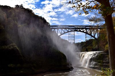 Scenic view of waterfall against sky