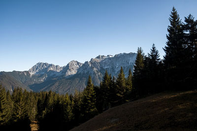 Scenic view of mountains against clear blue sky