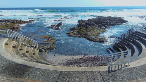 High angle view of sea shore against sky