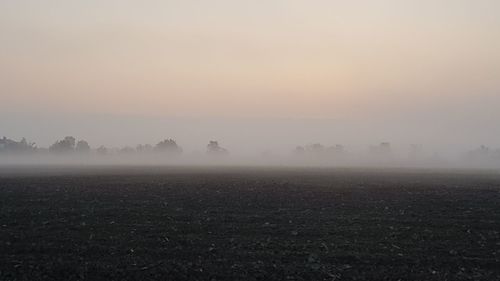 Scenic view of field against sky during foggy weather