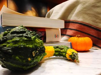 Close-up of pumpkins on table