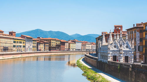 Bridge over river by buildings against clear blue sky