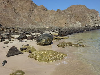 Scenic view of rocks in sea against sky