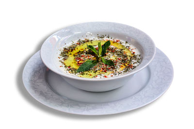 High angle view of food in bowl on white background