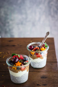 High angle view of breakfast served on table