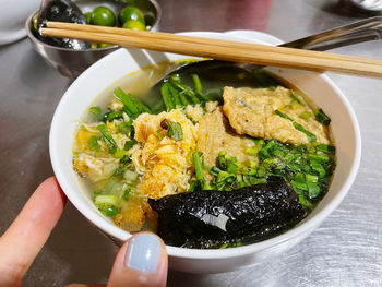 High angle view of food in bowl on table