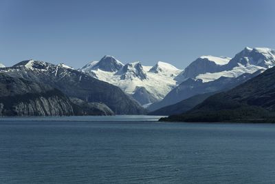 Scenic view of snowcapped mountains and sea against sky