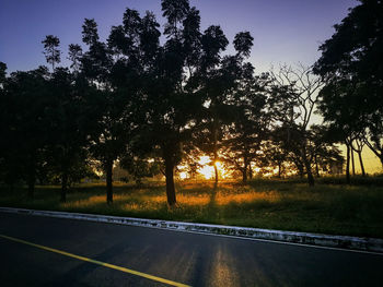 Road by trees against sky during sunset