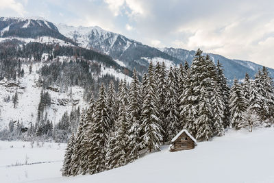 Wooden mountain shed, against the backdrop of snowy mountains and trees. winter alpine landscape.