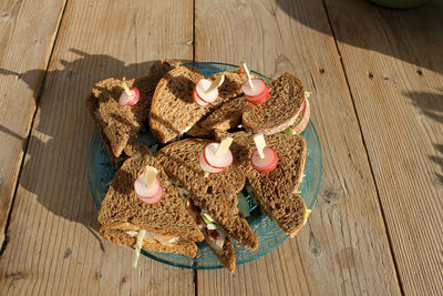 High angle view of sandwiches in plate on wooden table