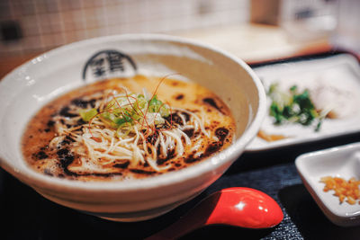 High angle view of soup in bowl