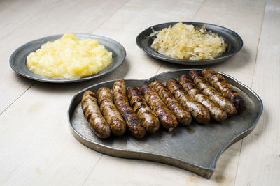 High angle view of food served on table