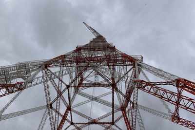 View from below of one of europe's largest electricity pylons, painted in red and white