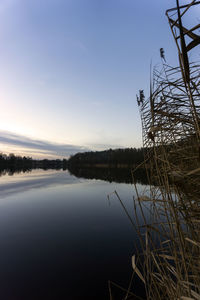 Scenic view of lake against sky at sunset