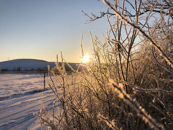 Scenic view of frozen lake against sky during sunset