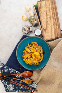 High angle view of food served in bowl on table