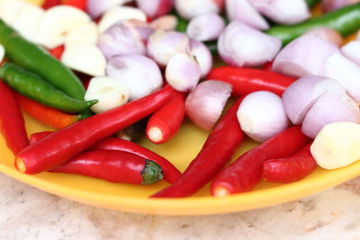 Close-up of chili peppers in plate on table