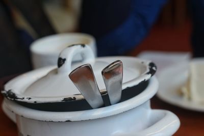 Close up of veal sausage pot on table 