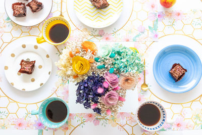 High angle view of breakfast served on table