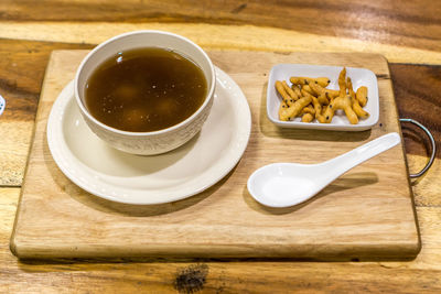 High angle view of coffee on table