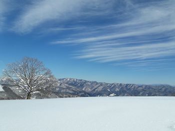 Scenic view of snowcapped landscape against blue sky