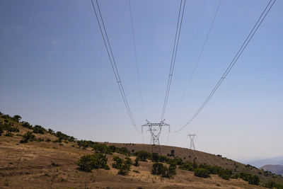 Low angle view of electricity pylon against clear sky