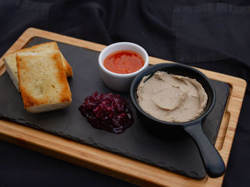 High angle view of breakfast served on table