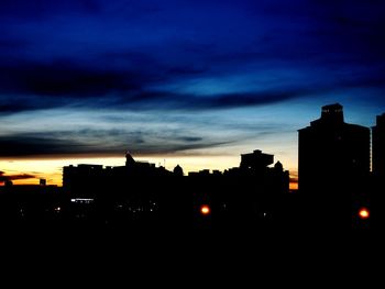 Silhouette of city at sunset