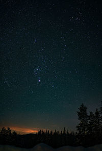 Low angle view of a bright star filled sky with a falling geminid meteor 