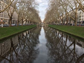 Canal amidst trees and buildings against sky