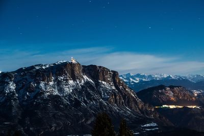 Scenic view of mountains against blue sky