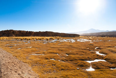 Scenic view of land and mountains against clear blue sky