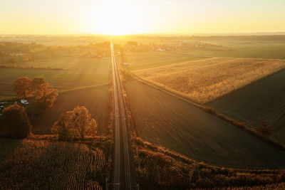 Aerial view of railway countryside landscape at sunset