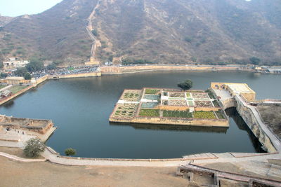 High angle view of lake and mountains