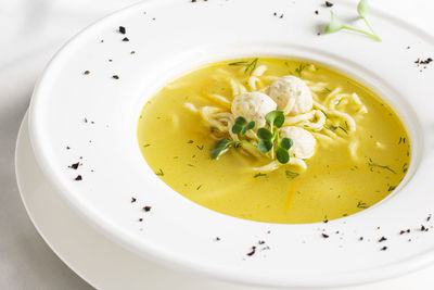 High angle view of soup in bowl