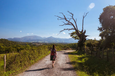 Rear view of woman walking on dirt road amidst field against sky