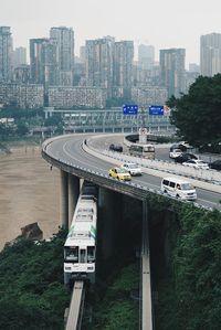 High angle view of bridge over road in city