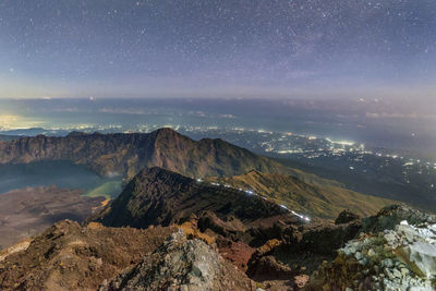 Blue hour at summit mount rinjani, indonesia 