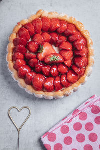 High angle view of strawberry on cake