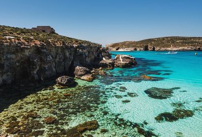 Scenic view of sea against clear blue sky