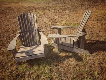 Chairs and table on field