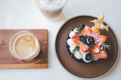 High angle view of breakfast on table