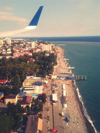 Aerial view of city waterfront and beach